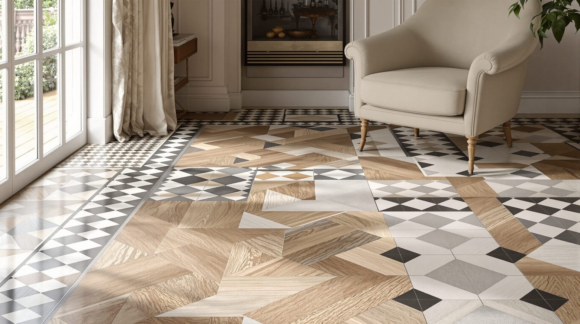 mélange parquet et carreaux de ciment